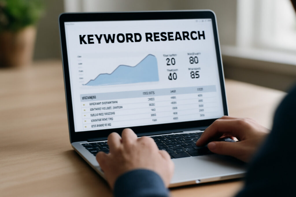 image of a person analyzing keyword research and SEO data on a laptop screen in a modern office setting