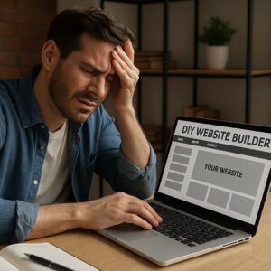 Frustrated man using a DIY website builder on a laptop, struggling to design his own site without expert help in Clearwater FL