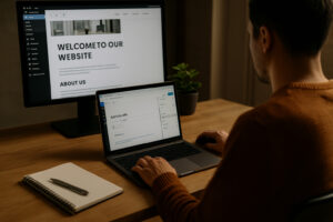 Web developer creating a professional website on WordPress with dual screens in a cozy home office in Clearwater FL