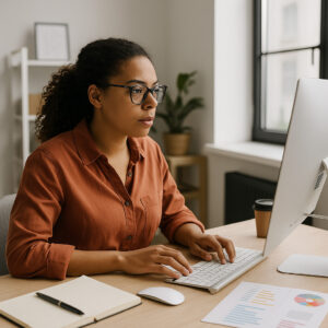 SEO Company - Focused young professional working on SEO management in Clearwater office