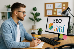 Man analyzing SEO management charts for an SEO company in Safety Harbor FL