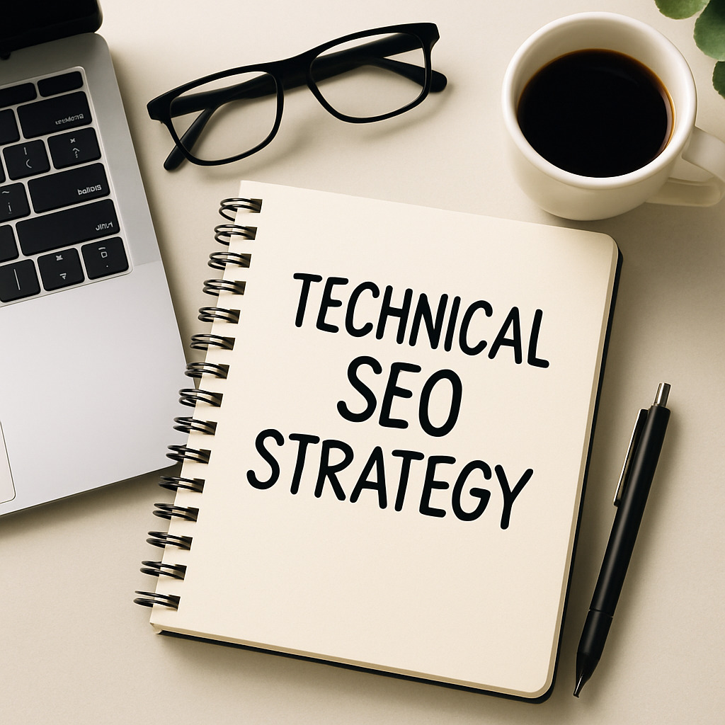  What is technical SEO strategy on a notepad with laptop, coffee, and glasses in Tampa FL