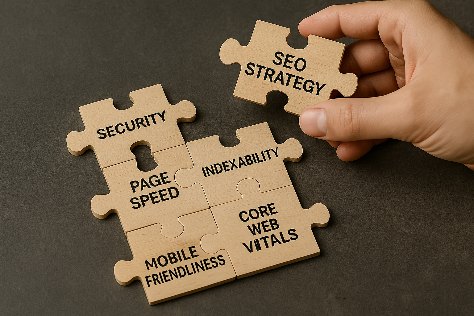  What is technical SEO? - Hand placing SEO strategy puzzle piece above technical SEO components on dark background