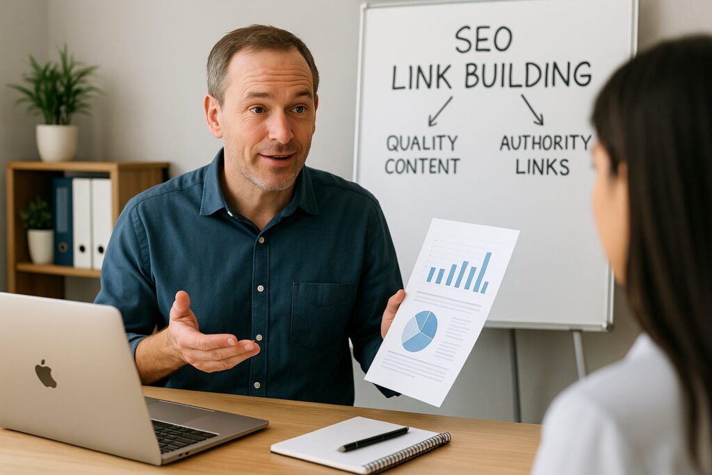 Marketing professional explaining SEO link building strategy to a client in a Clearwater FL office with charts and analytics visuals