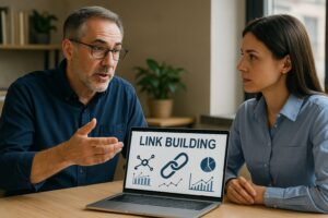 Two marketing professionals discussing SEO link building strategies on a laptop in a modern Tampa FL office