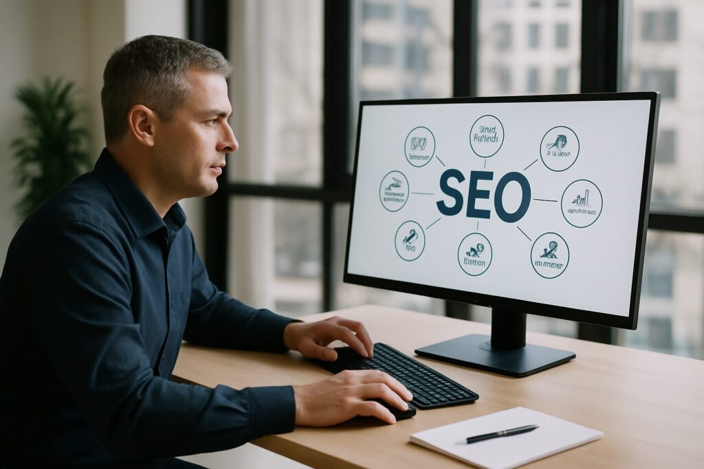 A man working at his desk analyzing keyword research on a computer screen as part of improving Google search ranking, shown in the context of SEO specialist work for businesses in Clearwater, Safety Harbor, and Tampa.
