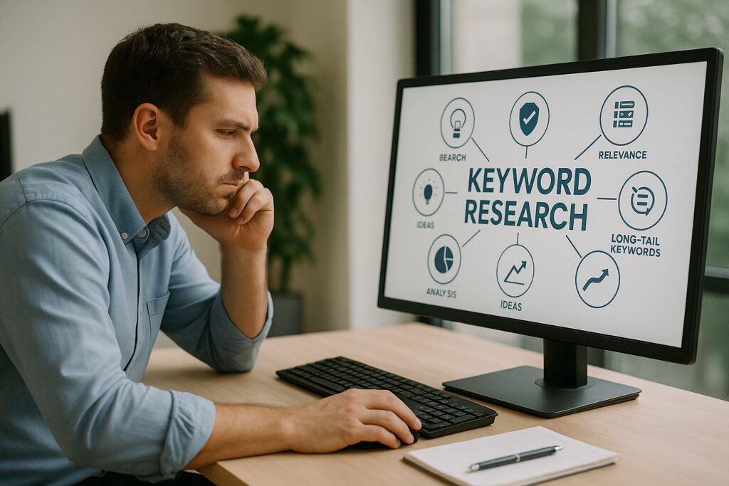 Man focused on keyword research on his computer as part of improving Google search ranking, illustrating SEO specialist work for businesses in Clearwater, Safety Harbor, and Tampa.
