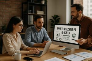 web design and SEO team collaborating in a modern Tampa office with computers showing analytics and creative design work