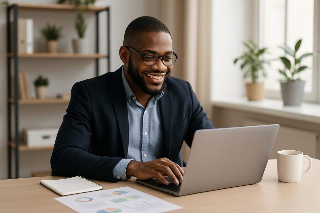 professional web designer working on SEO analytics in Tampa Bay office with laptop and coffee cup