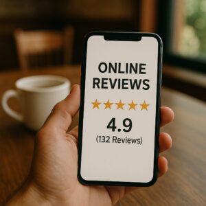 smartphone displaying five-star online reviews representing how customer reviews improve local SEO for businesses in Clearwater Safety Harbor and Tampa FL