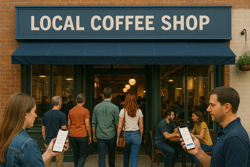 people entering a local coffee shop while viewing Google search results on their mobile phones representing how local SEO helps businesses get found in Clearwater Safety Harbor and Tampa FL