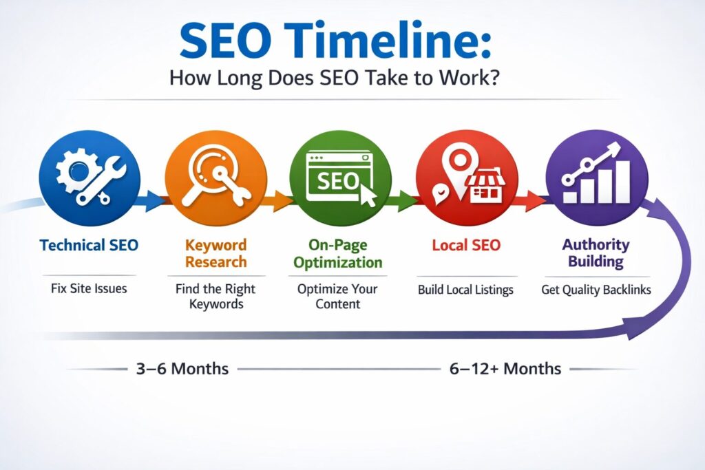 SEO timeline showing how long SEO takes to work, including technical SEO, keyword research, on-page optimization, local SEO, and authority building for SEO companies in Clearwater, Safety Harbor, and Tampa FL