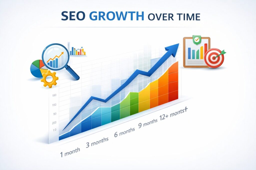 SEO growth chart illustrating how long SEO takes to work over time, showing traffic and ranking improvements for SEO companies serving Clearwater, Safety Harbor, and Tampa FL