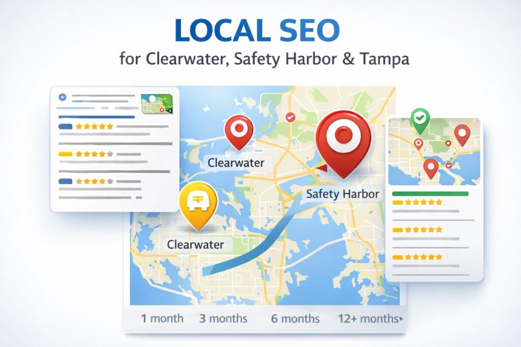 Local SEO map illustration showing how long SEO takes to work for businesses using SEO companies in Clearwater, Safety Harbor, and Tampa FL