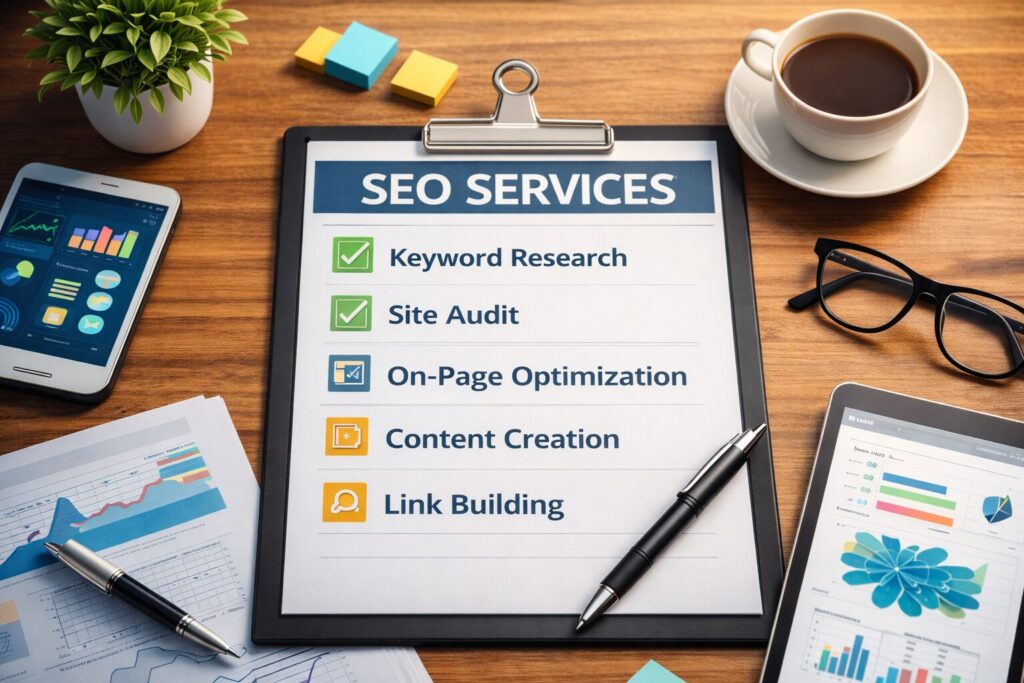 SEO services included in SEO pricing such as keyword research, site audits, on-page optimization, content creation, and link building