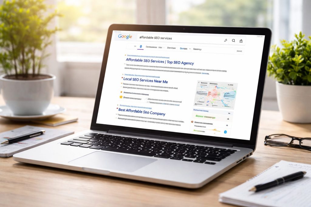 affordable SEO services search results on laptop for businesses in Clearwater Safety Harbor Tampa FL