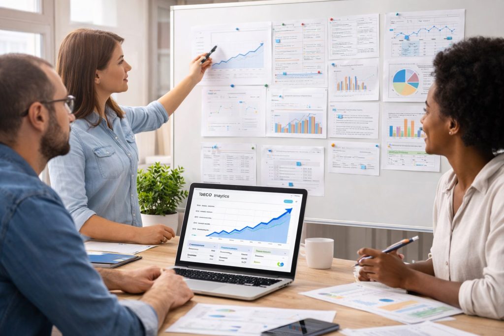SEO strategy meeting analyzing search rankings and analytics for affordable SEO services in Clearwater Safety Harbor Tampa FL