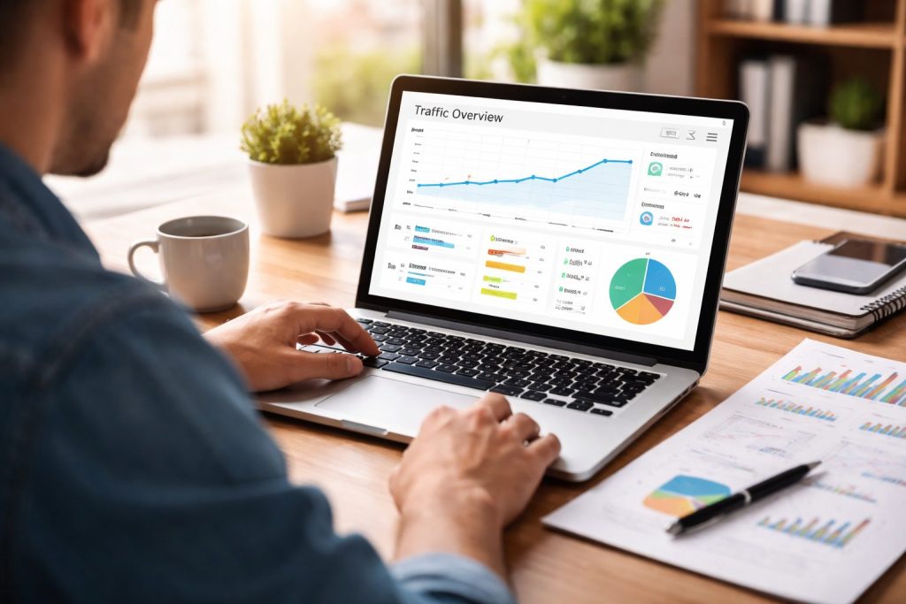 small business owner reviewing website traffic analytics on laptop