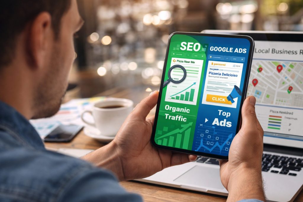 google ads vs seo comparison on smartphone for local business marketing
