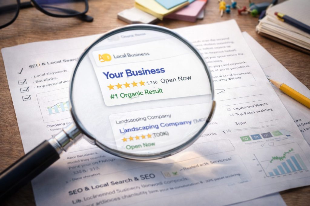 magnifying glass highlighting local search result for business seo visibility