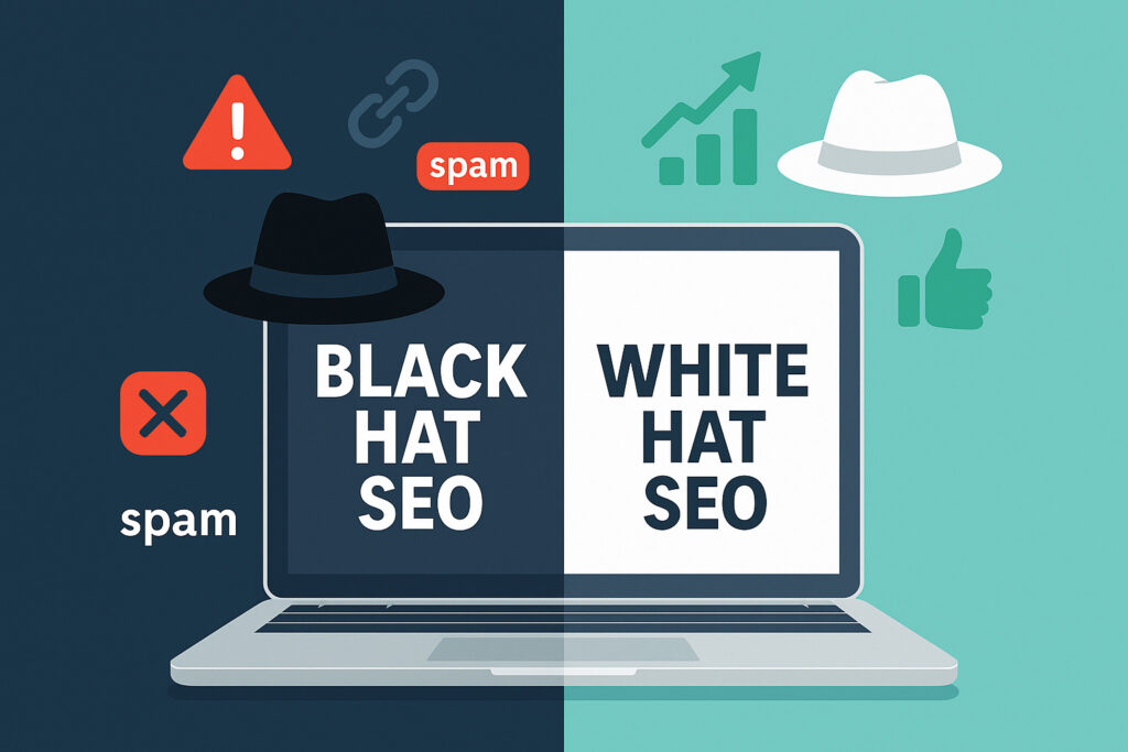 Illustration showing what is black hat SEO versus white hat SEO, created for a Tampa SEO company offering web design in Tampa, Trinity, and Safety Harbor FL.