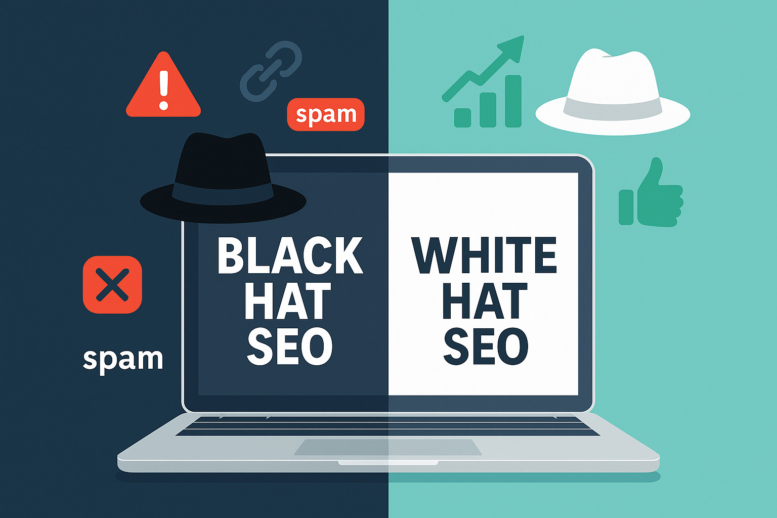 Illustration showing what is black hat SEO versus white hat SEO, created for a Tampa SEO company offering web design in Tampa, Trinity, and Safety Harbor FL.