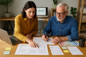 experienced web designer collaborating with a younger colleague on website wireframes for new web design projects in Trinity, New Port Richey, and Tampa FL