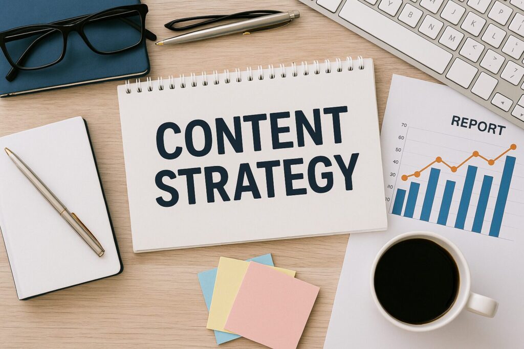 Three professionals collaborating during a website planning meeting, reviewing content strategy materials to illustrate the consultative process behind website design cost.