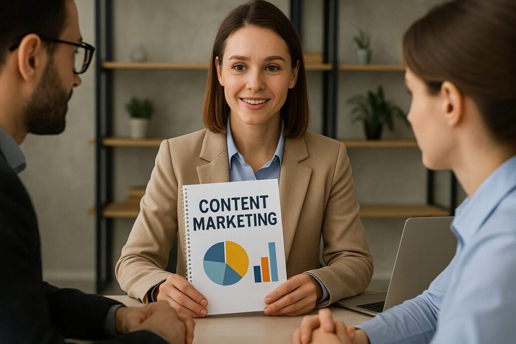 A consultant presenting a content marketing strategy to two clients during a collaborative website planning meeting, illustrating the consultative approach to determining website design cost.