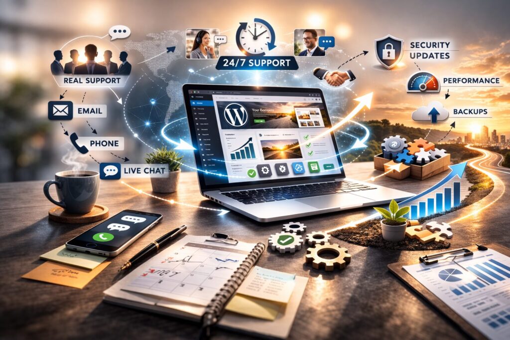 Icons representing web developer support, maintenance, security updates, and ongoing post-launch service from a web design company