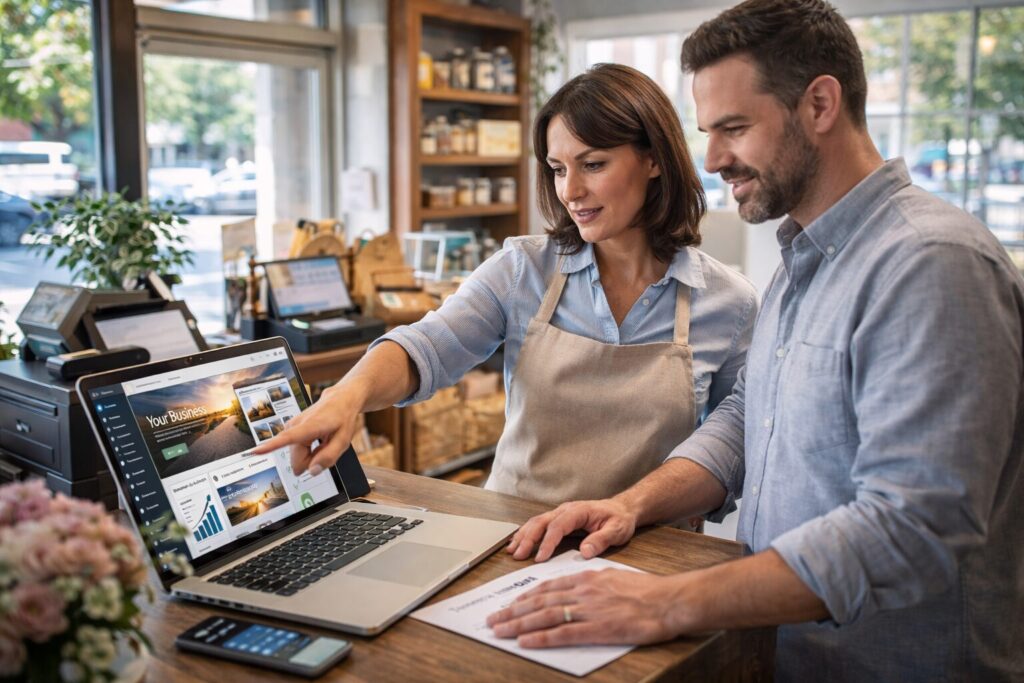 Small business owner reviewing website design with professional website developer inside local storefront